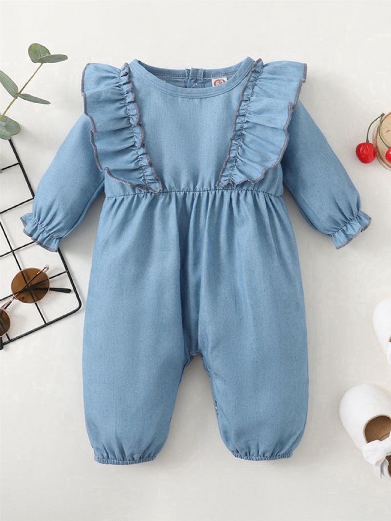 Farmerkék Fodros Hosszú Ujjú Jumpsuit