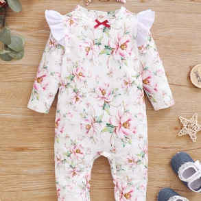 Toddler Baba Jumpsuit Virágok Nyomtatott Kerek Nyakú Hosszú Ujjú Fly Sleeve Romper & Masni Fejpánt Lányoknak