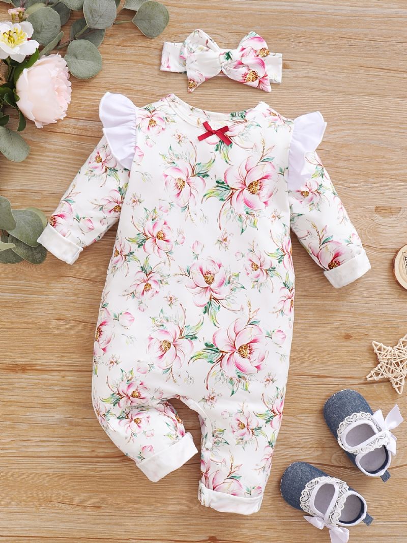 Toddler Baba Jumpsuit Virágok Nyomtatott Kerek Nyakú Hosszú Ujjú Fly Sleeve Romper & Masni Fejpánt Lányoknak