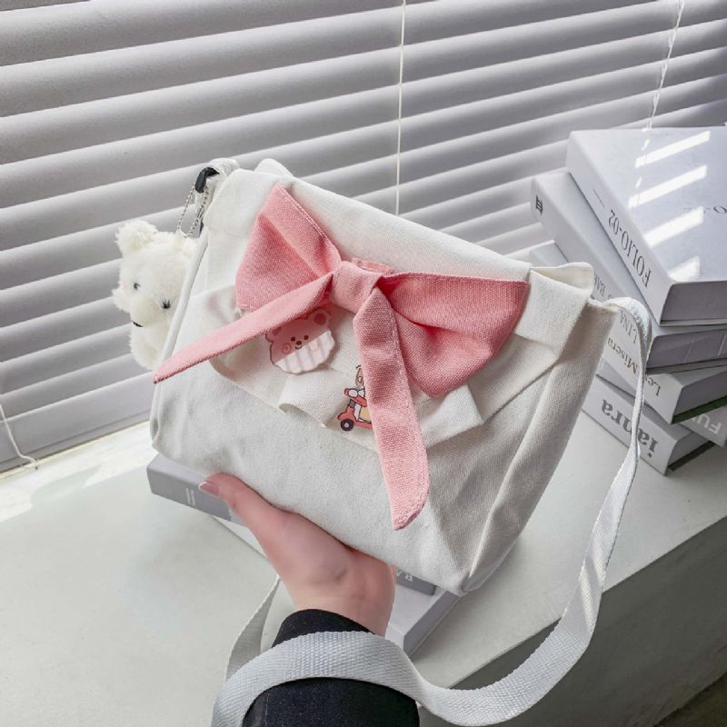 Bow Decor Vászon Válltáska Crossbody Táska Aranyos Kiegészítőkkel Diákoknak És Lányoknak