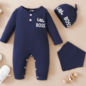 Bébi Fiúk Little Boss Hosszú Ujjú Jumpsuit Előke És Sapka Szett