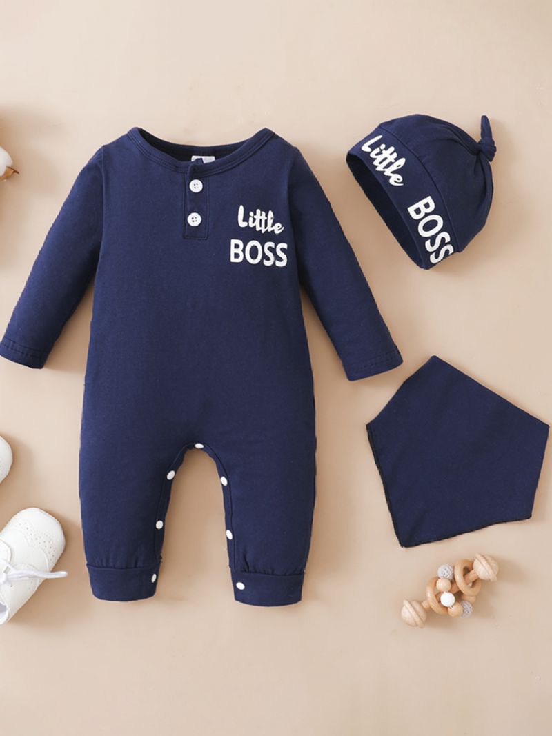 Bébi Fiúk Little Boss Hosszú Ujjú Jumpsuit Előke És Sapka Szett