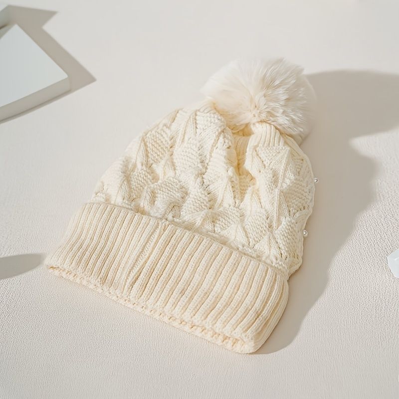 Pearl Winter Beanies Snow Sí Sapka Meleg Kötött Fiúknak Lányoknak Hideg Időjárás Kalap Bézs