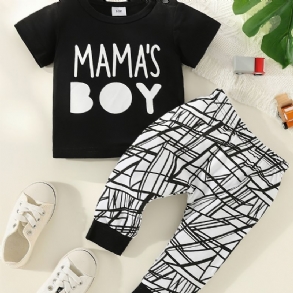 2db Fiúk Casual Mama's Print Póló És Csíkos Mintás Nadrág Szett