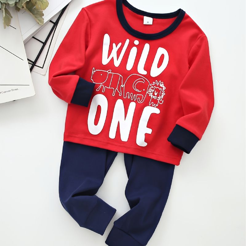 Fiúk Letter Wild One Crew Neck Pamut Hosszú Ujjú Póló Jogger Melegítőnadrág Szett