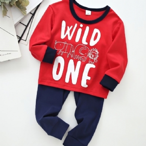 Fiúk Letter Wild One Crew Neck Pamut Hosszú Ujjú Póló Jogger Melegítőnadrág Szett