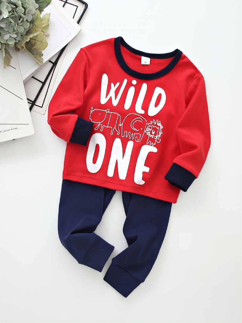 Fiúk Letter Wild One Crew Neck Pamut Hosszú Ujjú Póló Jogger Melegítőnadrág Szett