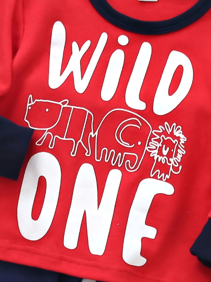 Fiúk Letter Wild One Crew Neck Pamut Hosszú Ujjú Póló Jogger Melegítőnadrág Szett