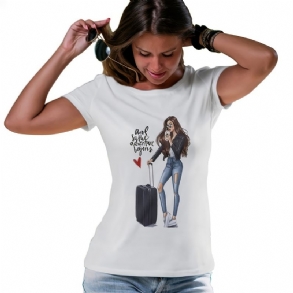 Luggage Lányok Print Crew Neck Póló Alkalmi Bő Rövid Ujjú Divatos Nyári Pólók Felsők Női Ruházat