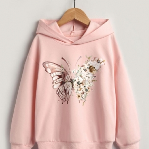 Lányok Alkalmi Pillangómintás Rózsaszín Hosszú Ujjú Kerek Nyakú Kapucnis Ruhák