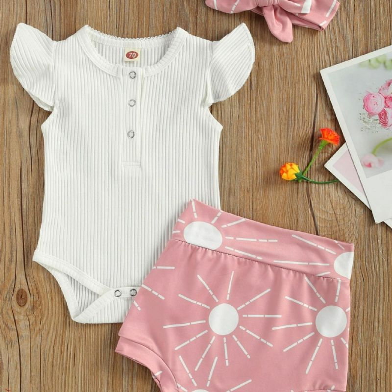 3db Bow Bébi Lányok Rövid Ujjú Romper & Sun Print Rövidnadrág