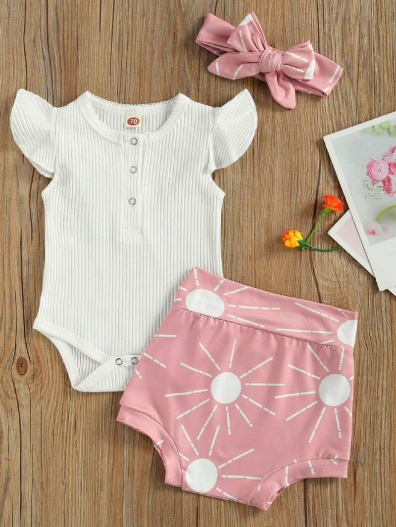 3db Bow Bébi Lányok Rövid Ujjú Romper & Sun Print Rövidnadrág