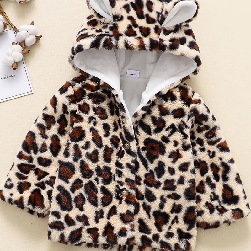 Bébi Leopard Bear Füles Kabát Hosszú Ujjú Gombos Plüss Kapucnis Lányoknak Fiúknak Gyerekruhák