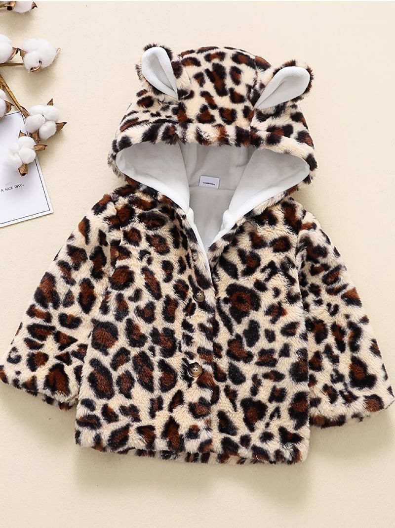 Bébi Leopard Bear Füles Kabát Hosszú Ujjú Gombos Plüss Kapucnis Lányoknak Fiúknak Gyerekruhák