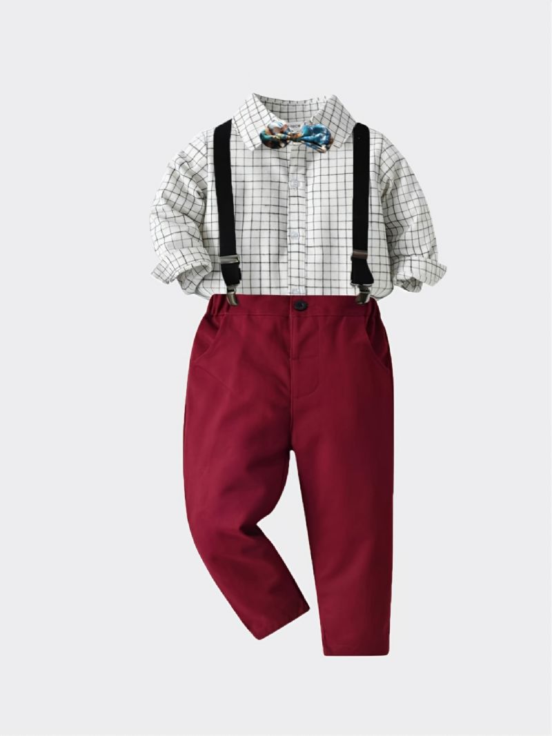 2db Autumn Winter Fiúk Fekete-fehér Kockás Hosszú Ujjú Ing + Bordó Nadrág Szett