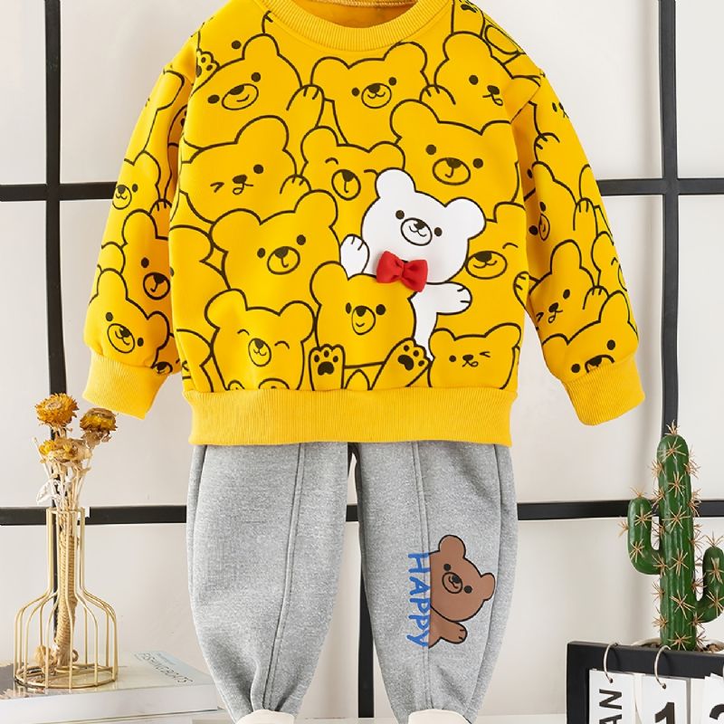 2db Bébi Fiúk Cartoon Bear Print Pulóver Kerek Nyakú Hosszú Ujjú És Nadrág Szett Gyerekruhák