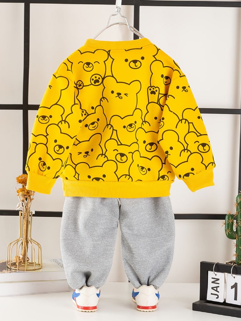 2db Bébi Fiúk Cartoon Bear Print Pulóver Kerek Nyakú Hosszú Ujjú És Nadrág Szett Gyerekruhák