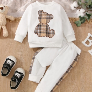 Bébi Bear Print Hosszú Ujjú Pulóver Patchwork Kockás Nadrág Szett Őszi Tél