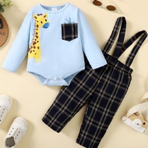 Bébi Fiúk Deer Print Body Onesie És Kockás Függőnadrág Szett