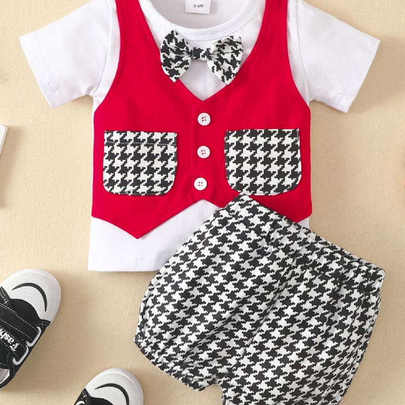 Bébi Fiúk Gentlemen Outfit Rövid Ujjú És Houndstooth Rövidnadrág Szett