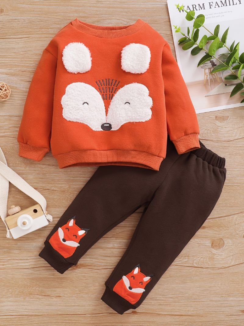 Fiúk Fox Ears Kerek Nyakú Pulóver + Fox Hímzett Nadrág Szett Gyerekruhák Télre