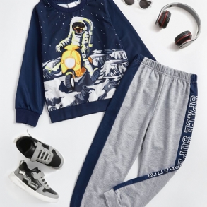 Fiúk Pizsama Családi Felszerelés Space Astronaut Print Kerek Nyakú Hosszú Ujjú Felső És Nadrág Szett Gyerekruhák