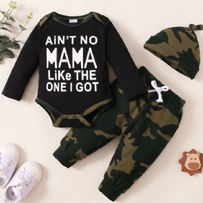 Fiúk Szlogennyomtatása Hosszú Ujjú Rövidnadrágos Jumpsuit + Camo Nadrág + Kalapkészlet Babaruha